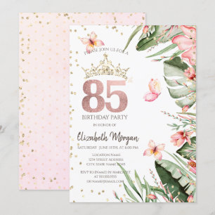 Tropical Flowers Leaves Diamonds 85th Birthday Invitation