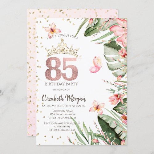 Tropical Flowers Leaves Diamonds 85th Birthday Invitation