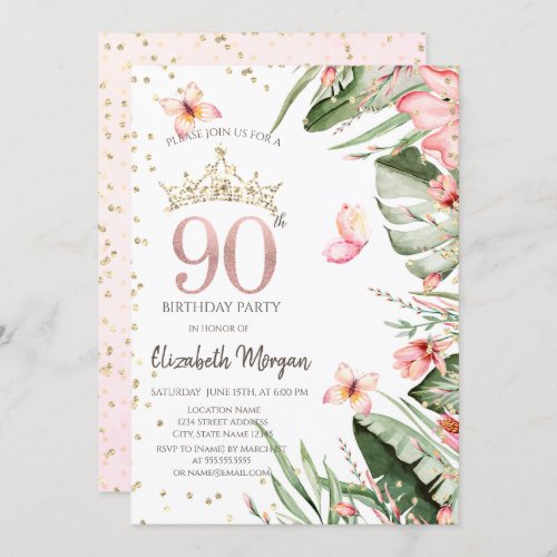 Tropical Flowers Leaves Diamonds 90th Birthday Invitation