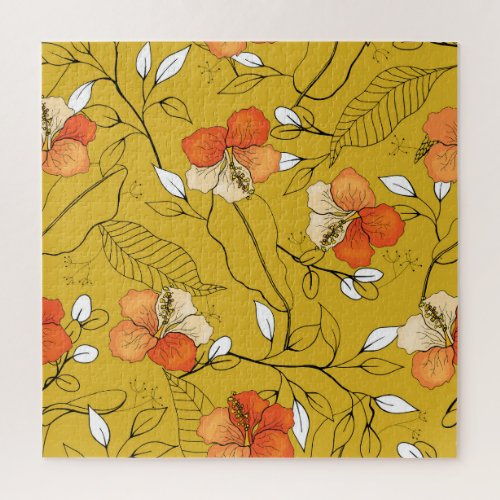 Tropical Flowers Leaves Exotic Wallpaper Jigsaw Puzzle