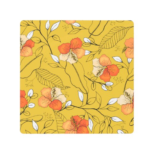 Tropical Flowers Leaves Exotic Wallpaper Metal Print