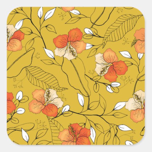 Tropical Flowers Leaves Exotic Wallpaper Square Sticker