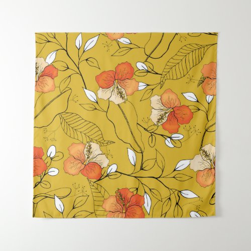 Tropical Flowers Leaves Exotic Wallpaper Tapestry