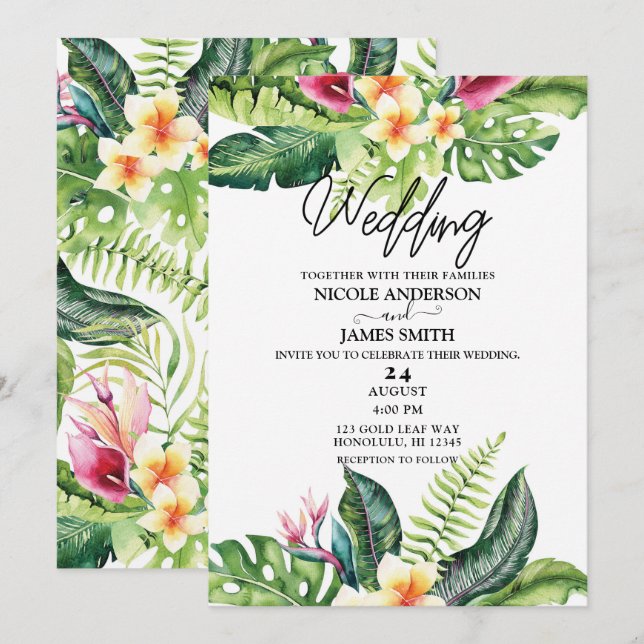 Tropical Flowers & Leaves Floral Wedding Invitation (Front/Back)