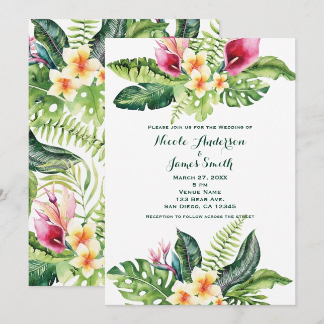 Tropical Flowers Leaves Floral Wedding Invitations (Front/Back)