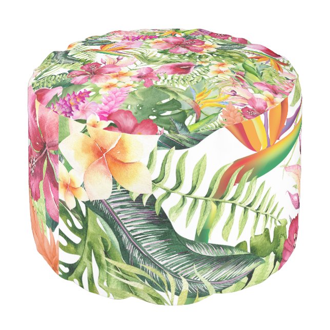 Tropical Flowers & Leaves Hawaiian Floral Pouf (Angled Back)
