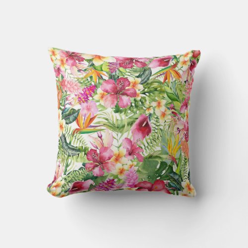 Tropical Flowers  Leaves Hawaiian Floral Throw Pillow