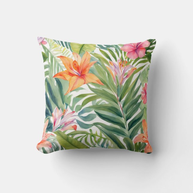 Tropical Flowers Leaves Hawaiian Style Throw Pillow (Front)