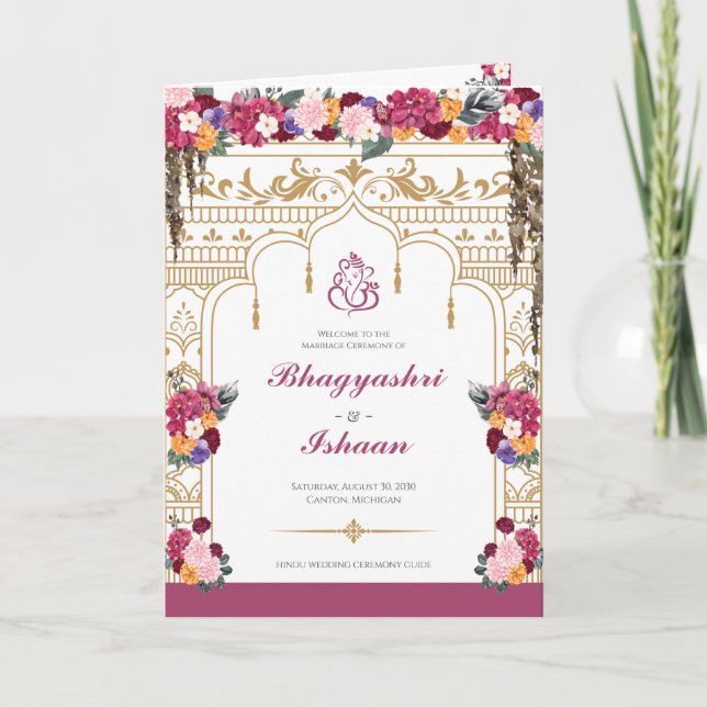 Tropical Flowers & Leaves Hindu Wedding Ceremony Program (Front)