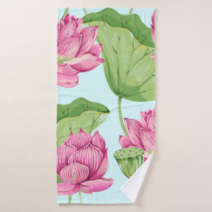 Tropical flowers, leaves, pink lotus, water lily, bath towel