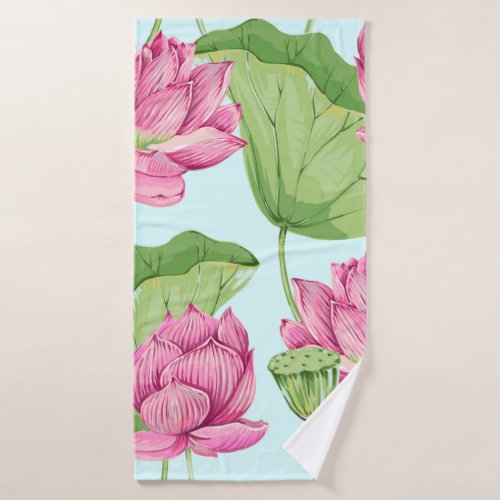 Tropical flowers leaves pink lotus water lily  bath towel