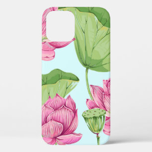Tropical flowers, leaves, pink lotus, water lily,  iPhone 12 case
