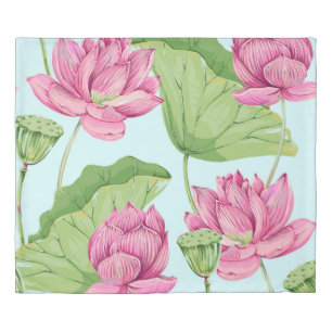 Tropical flowers, leaves, pink lotus, water lily, duvet cover