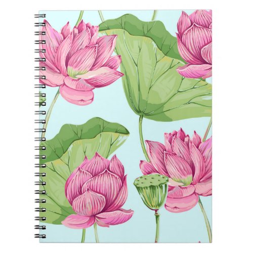 Tropical flowers leaves pink lotus water lily  notebook