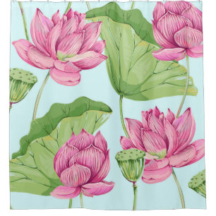 Tropical flowers, leaves, pink lotus, water lily,  shower curtain