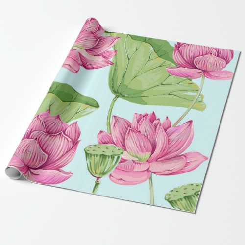 Tropical flowers leaves pink lotus water lily  wrapping paper