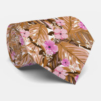 Tropical Flowers Leaves Pink Tan Beige Brown