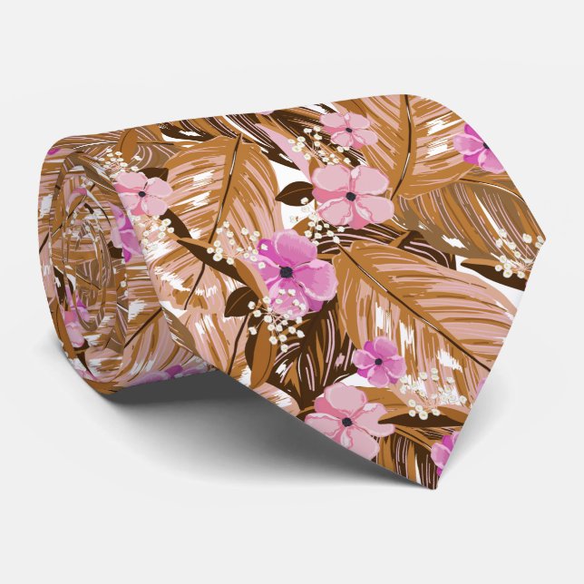 Tropical Flowers Leaves Pink Tan Beige Brown Neck Tie (Rolled)