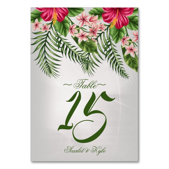 Tropical Flowers & Leaves Wedding Table NO. Card (Front)