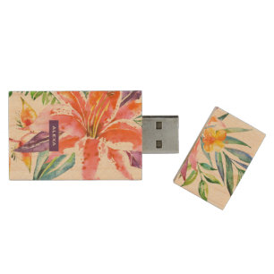 Tropical flowers & Lily bulb bouquet Wood Flash Drive