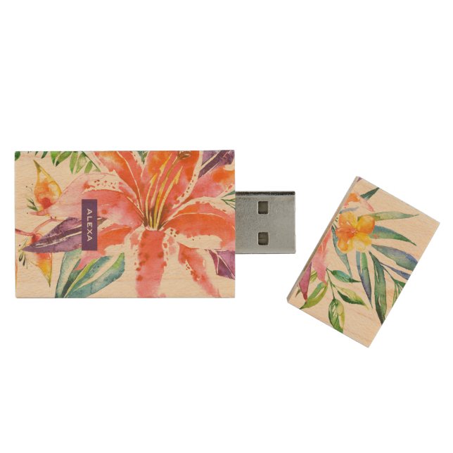 Tropical flowers & Lily bulb bouquet Wood Flash Drive (Opened)