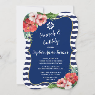 Tropical Flowers Luau Navy Stripes Brunch & Bubbly Invitation