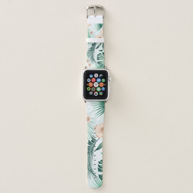 Tropical flowers, lush foliage pattern. apple watch band (Front)