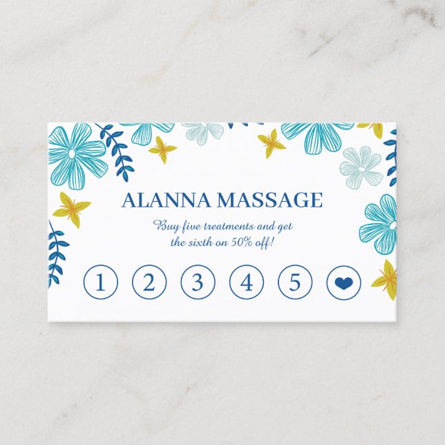 Tropical Flowers Massage Therapy Loyalty Business Card (Front)