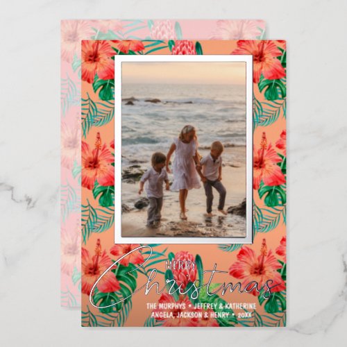 Tropical Flowers Merry Christmas Photo Foil Holiday Card