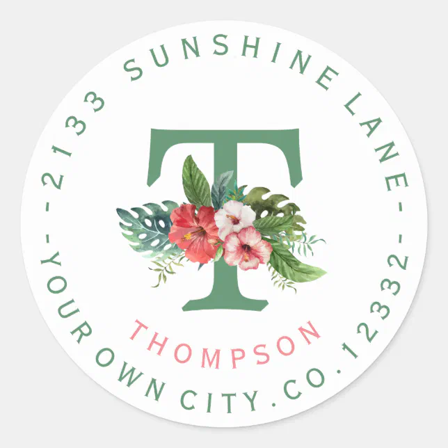 Tropical Flowers Monogram Circular Address Label | Zazzle