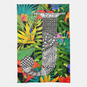 Tropical Flowers Monogram J Kitchen Towel