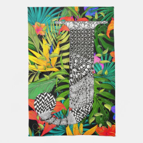 Tropical Flowers Monogram J Kitchen Towel