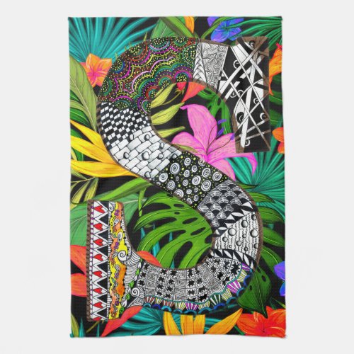 Tropical Flowers Monogram S Kitchen Towel