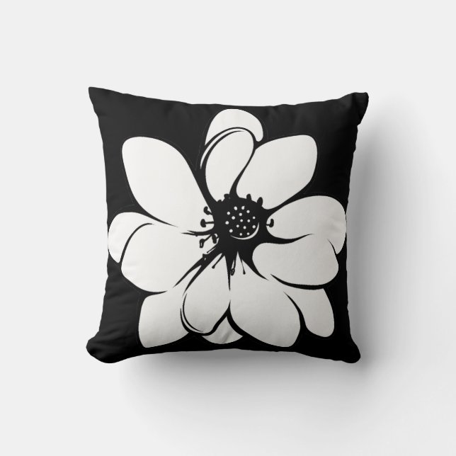 Tropical Flowers on Black and White Throw Pillow (Front)
