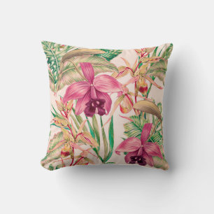 Tropical flowers, orchid flower, jungle leaves, mo throw pillow