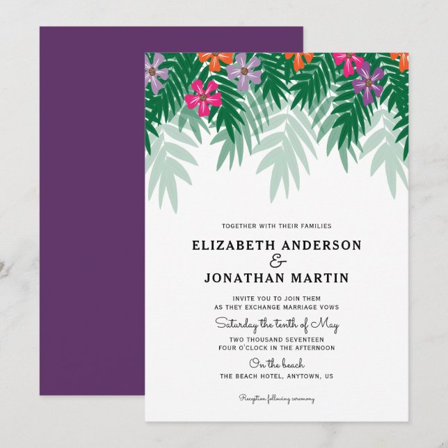 Tropical Flowers & Palm Branch Wedding Invitation (Front/Back)