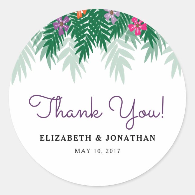 Tropical Flowers & Palm Branch Wedding Thank You Classic Round Sticker (Front)