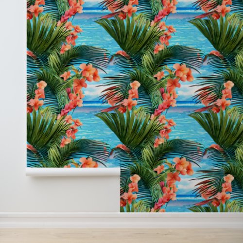 Tropical flowers palm island blue sea pattern wallpaper 