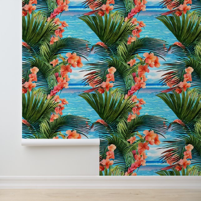 Tropical flowers palm island blue sea pattern wallpaper  (Application)