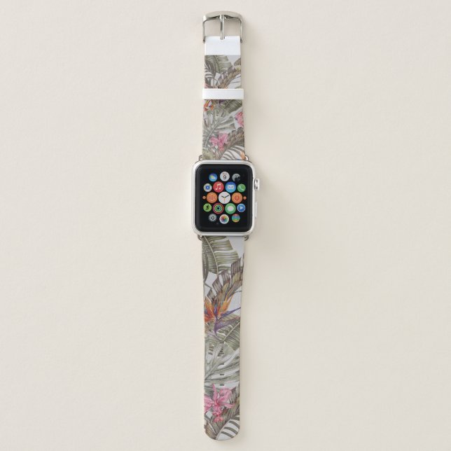 Tropical flowers,  palm leaves,  bird of paradise  apple watch band (Front)
