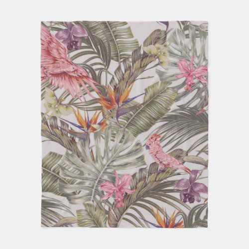 Tropical flowers  palm leaves  bird of paradise  fleece blanket