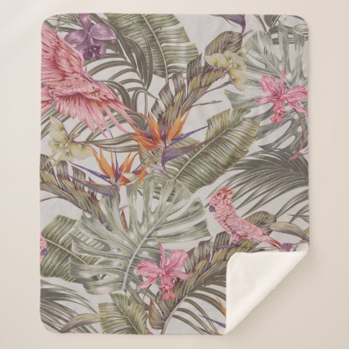 Tropical flowers  palm leaves  bird of paradise  sherpa blanket
