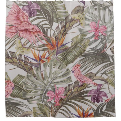 Tropical flowers  palm leaves  bird of paradise  shower curtain