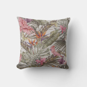 Tropical flowers,  palm leaves,  bird of paradise  throw pillow
