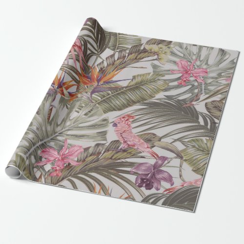 Tropical flowers  palm leaves  bird of paradise  wrapping paper