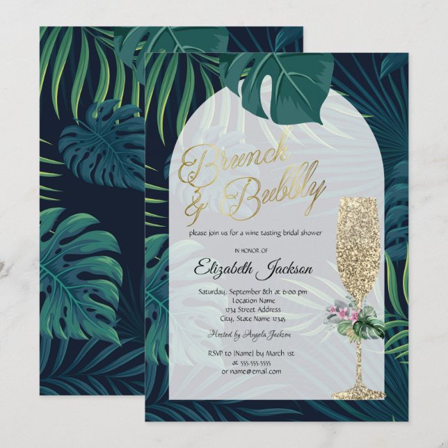 Tropical Flowers Palm Leaves Dark Champagne Glass  Invitation (Front/Back)