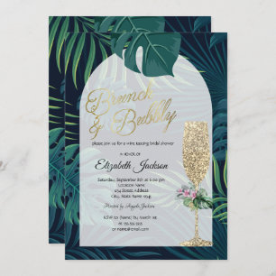 Tropical Flowers Palm Leaves Dark Champagne Glass Invitation