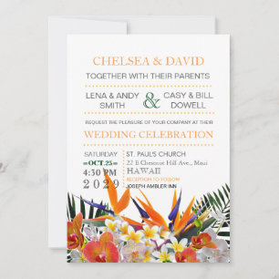 Tropical Flowers Palm Leaves Modern Chic Wedding Invitation