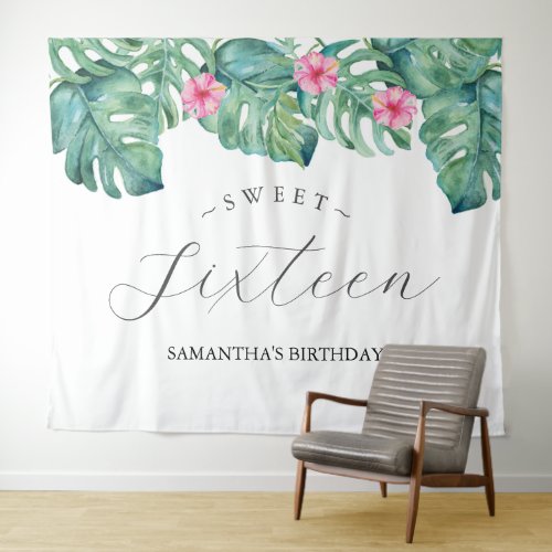 Tropical Flowers Palm Leaves Photo Booth Backdrop