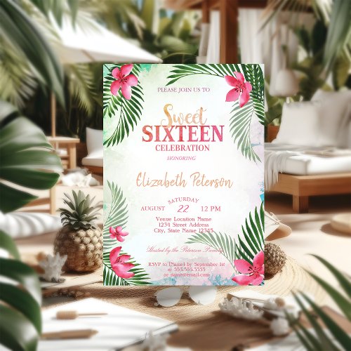 Tropical Flowers Palm Leaves Summer Sweet 16 Party Invitation